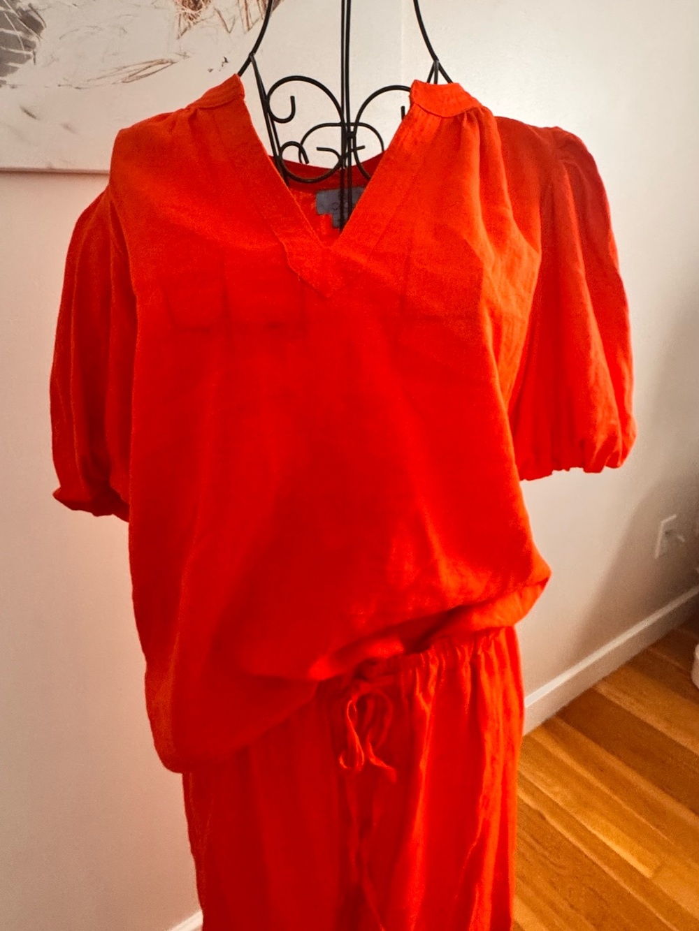 CeCe Bright orange Puff Sleeve Top & Matching Pants LINEN Set - Picture 4 of 5